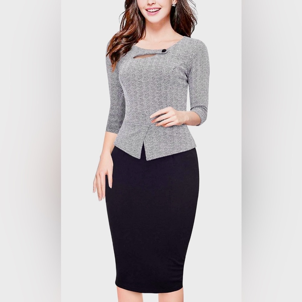 Sophisticated Grey & Black Pencil Dress — Women's Tailored Two-Piece Look